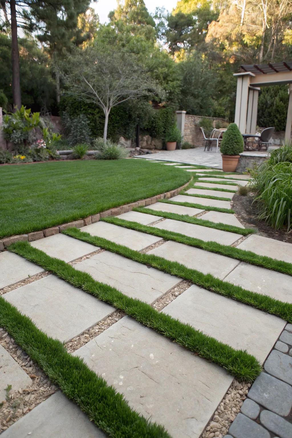 A chic walkway with artificial turf between pavers.