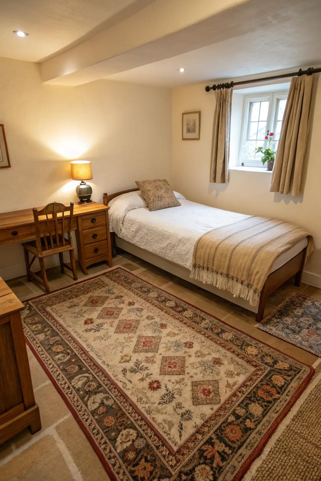 Large rugs give off an air of spaciousness.