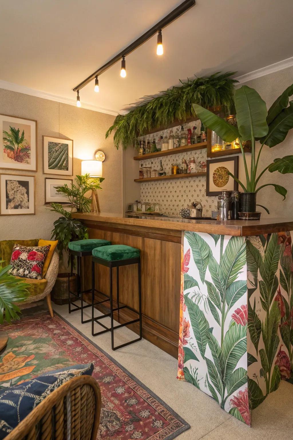 Tropical decor adds a vacation vibe.