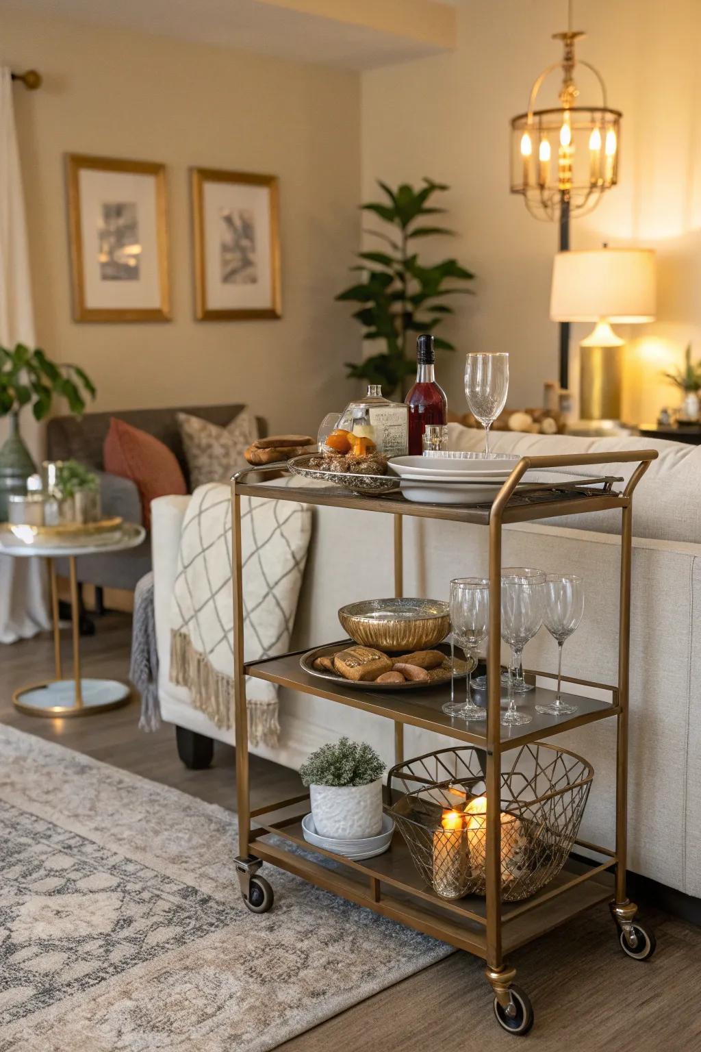 A bar cart can double as a dining table for versatility.