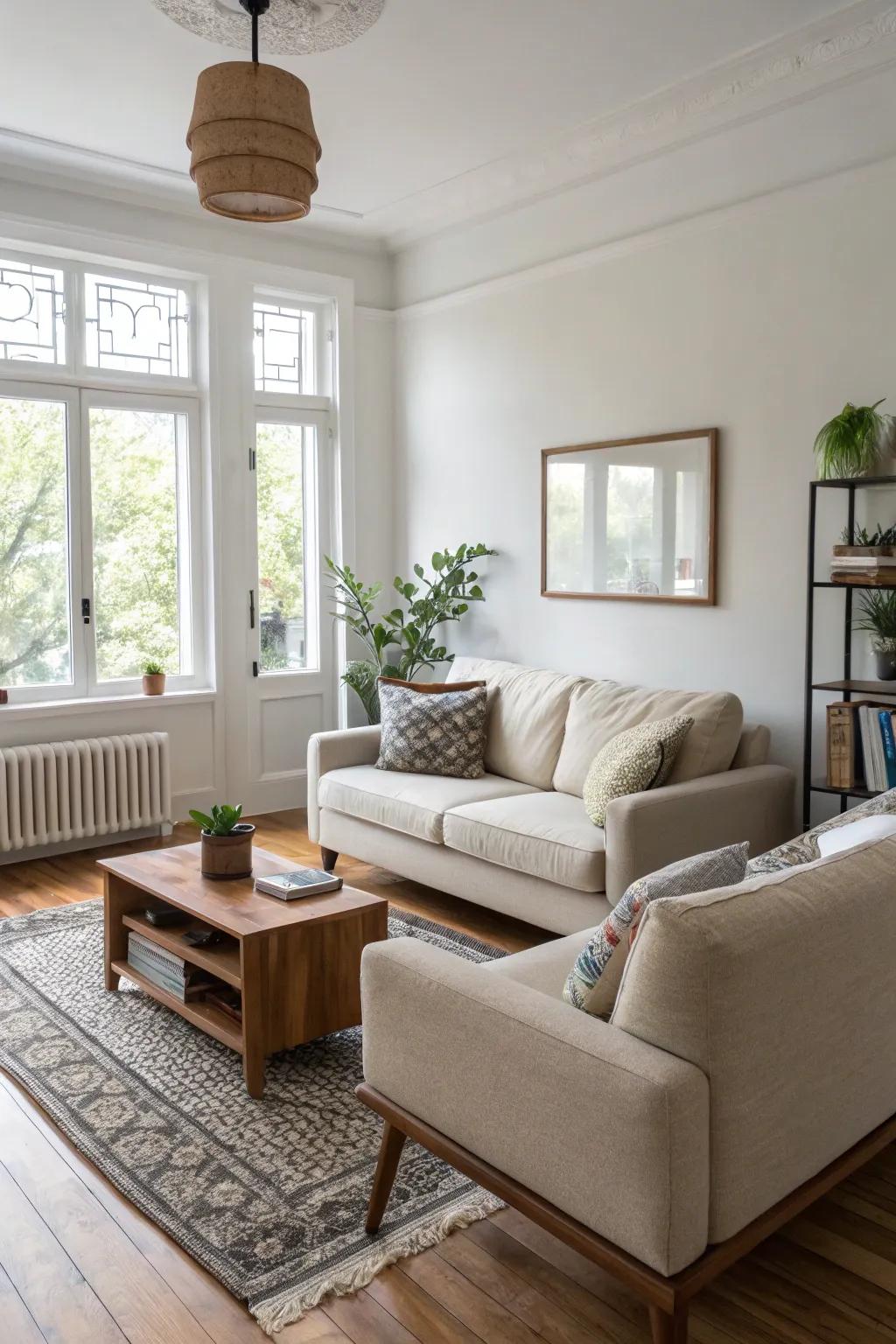 Low-profile furniture enhances vertical space.