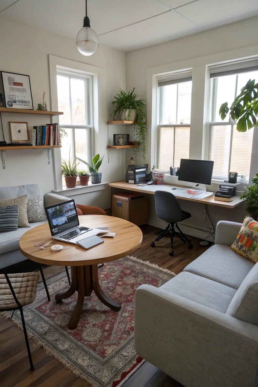 Designated zones enhance the functionality of a small office.