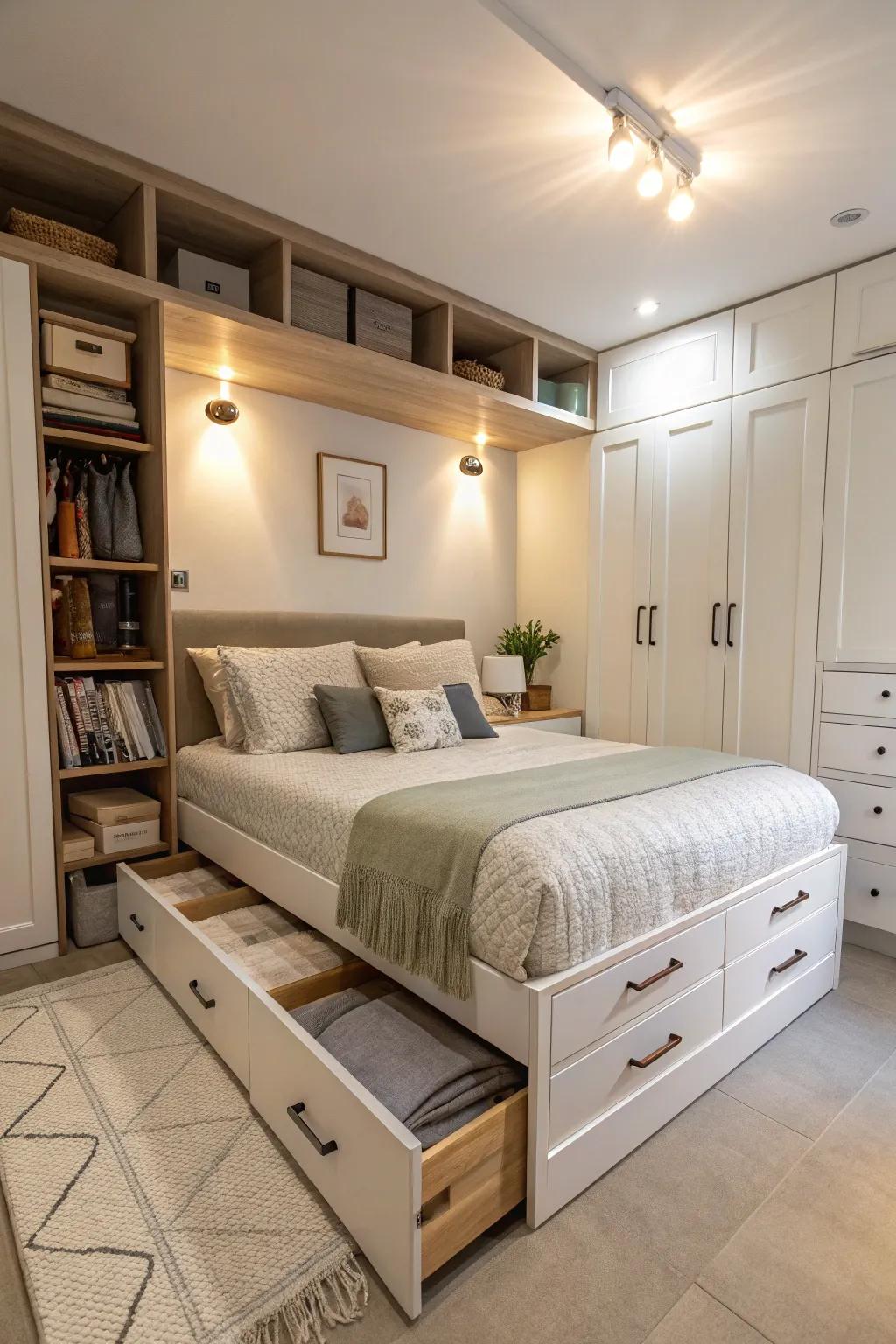 Multiuse furniture enhances utility in a small master bedroom.