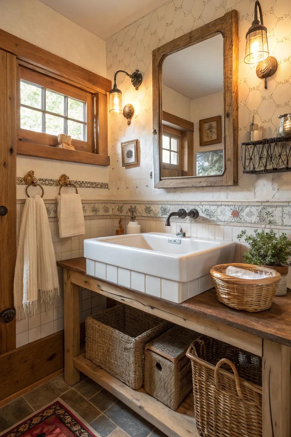 Conventional sinks add charm to country bathrooms.
