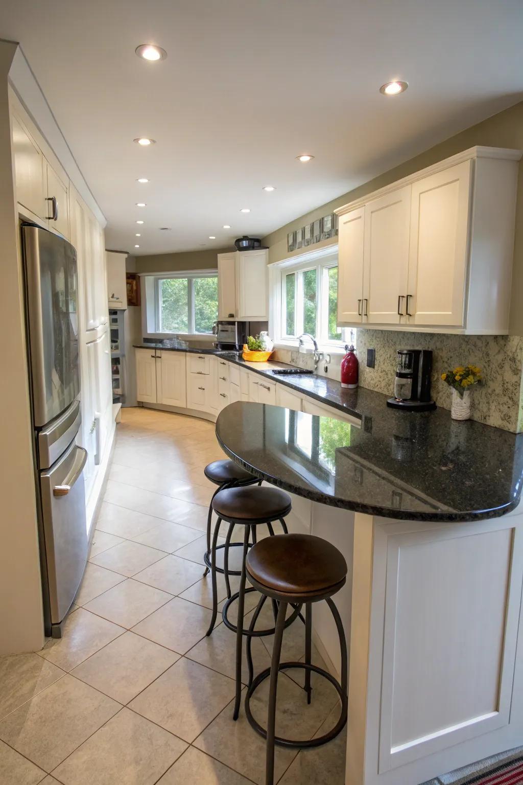 An easier flow and better accessibility are provided by a rounded island.