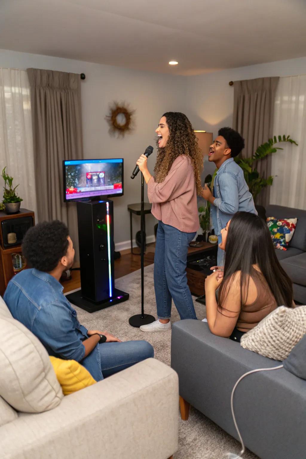 A lively at-home sing-off with friends singing and having fun.