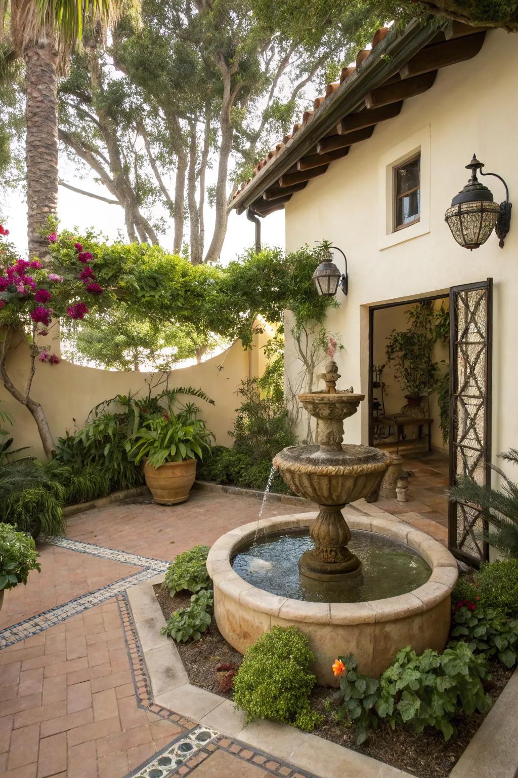 A small patio featuring a soothing water feature for extra tranquility.