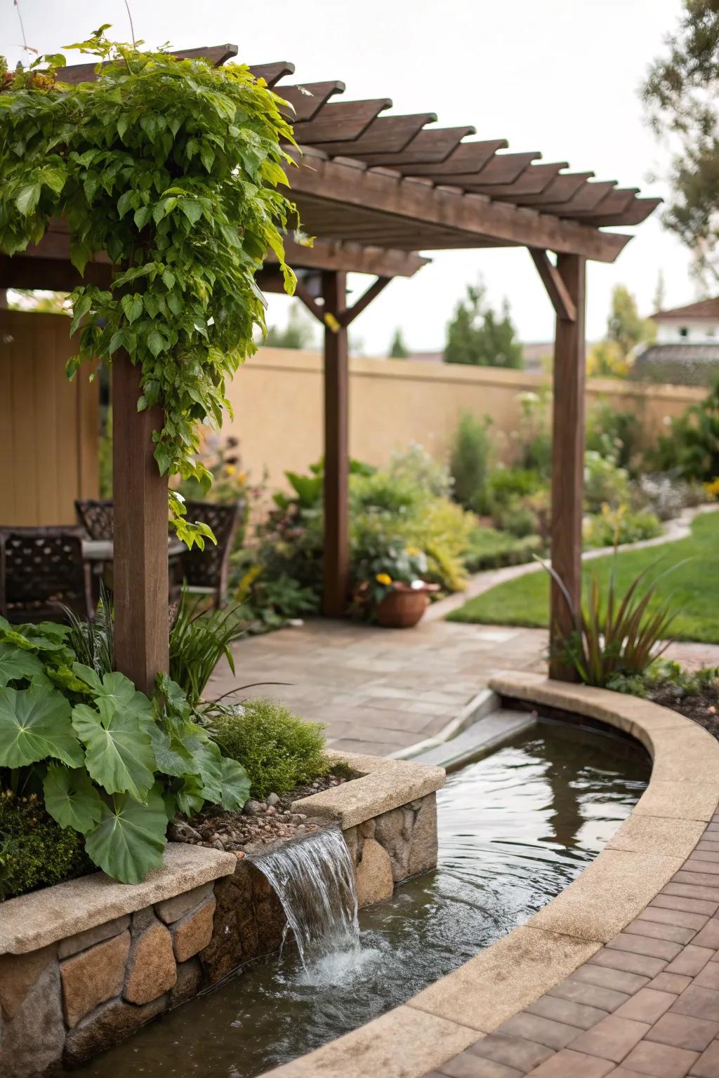 A water feature adds a soothing element to a small pergola arrangement.