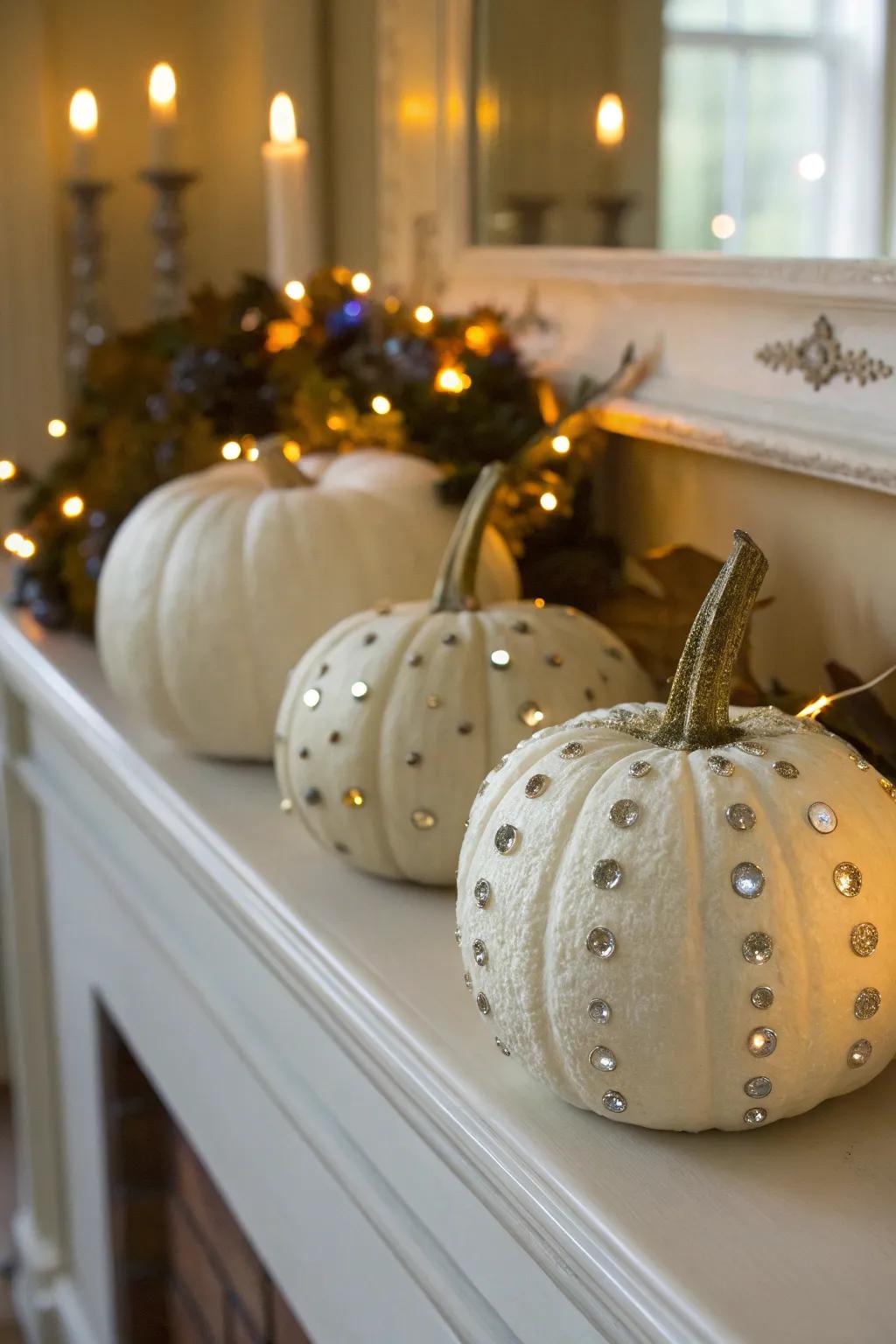 Bejeweled pumpkins sparkle and shine, adding glamour to any space.