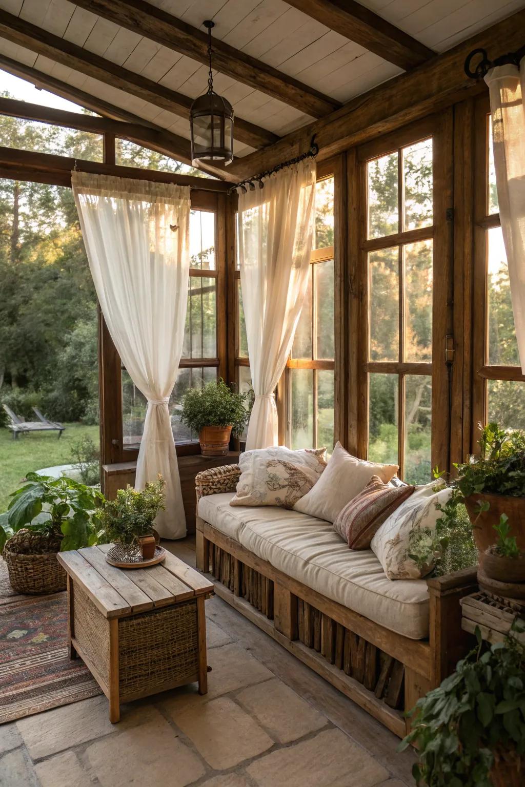 Natural materials such as linen add comfort and simplicity to this sunroom.