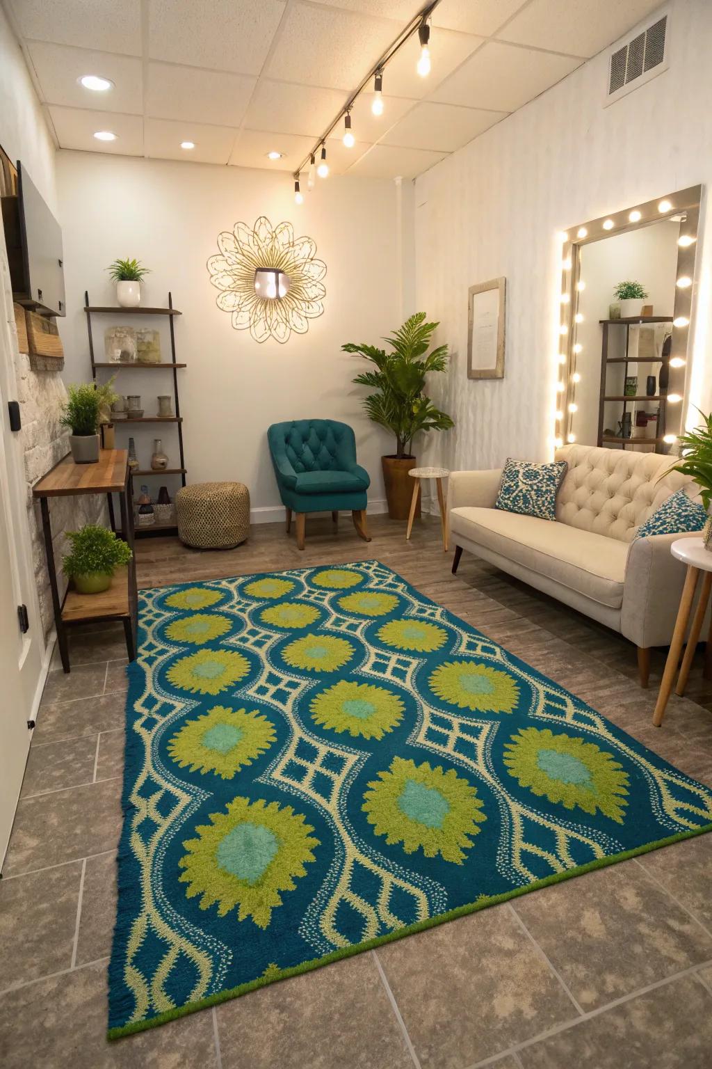 Bold rugs that add style and warmth to the salon.