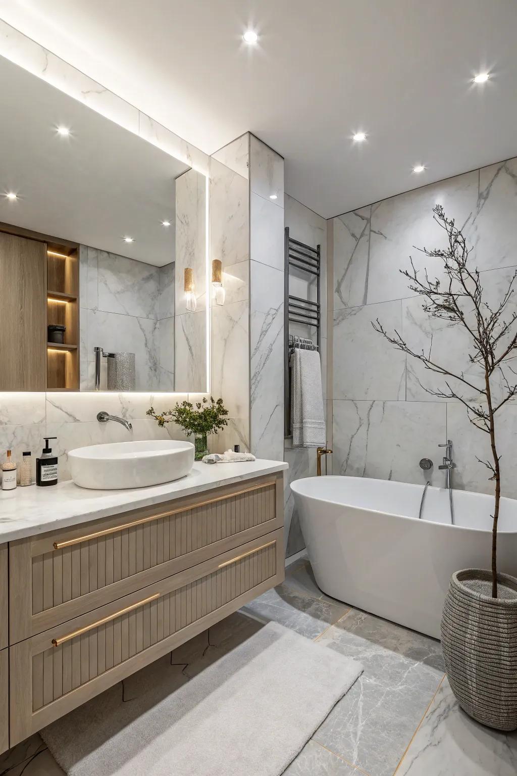 Subtle luxury with marble enhances sophistication.