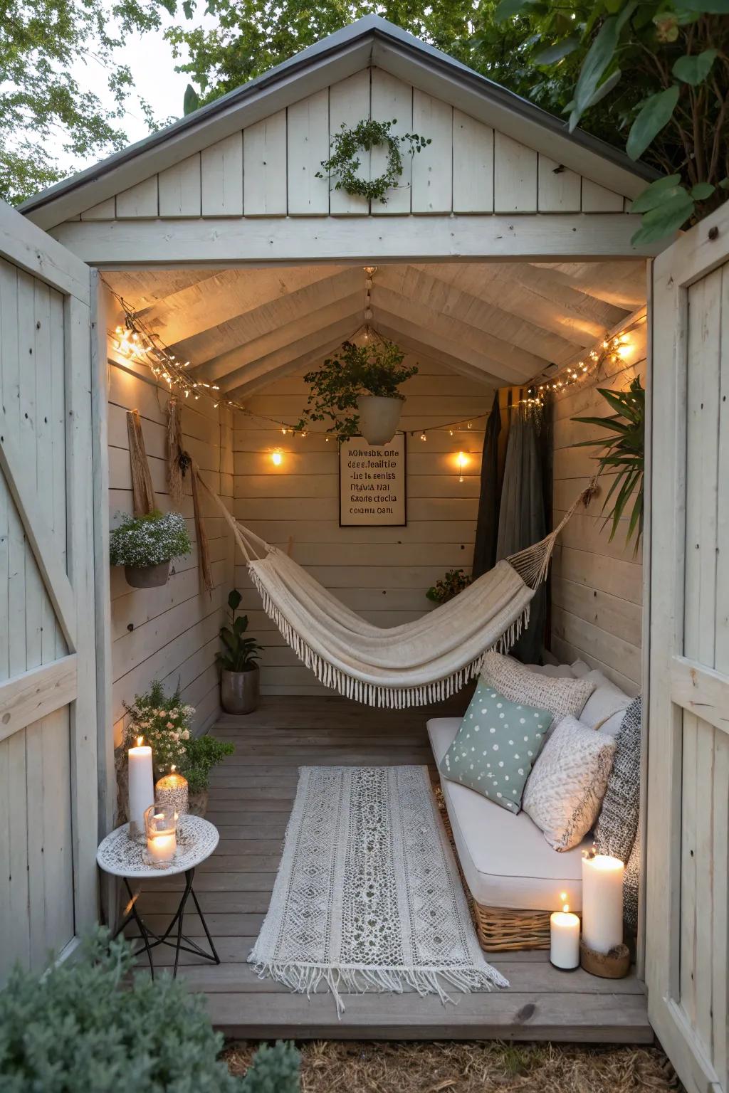 A peaceful relaxation zone inside a small shed.
