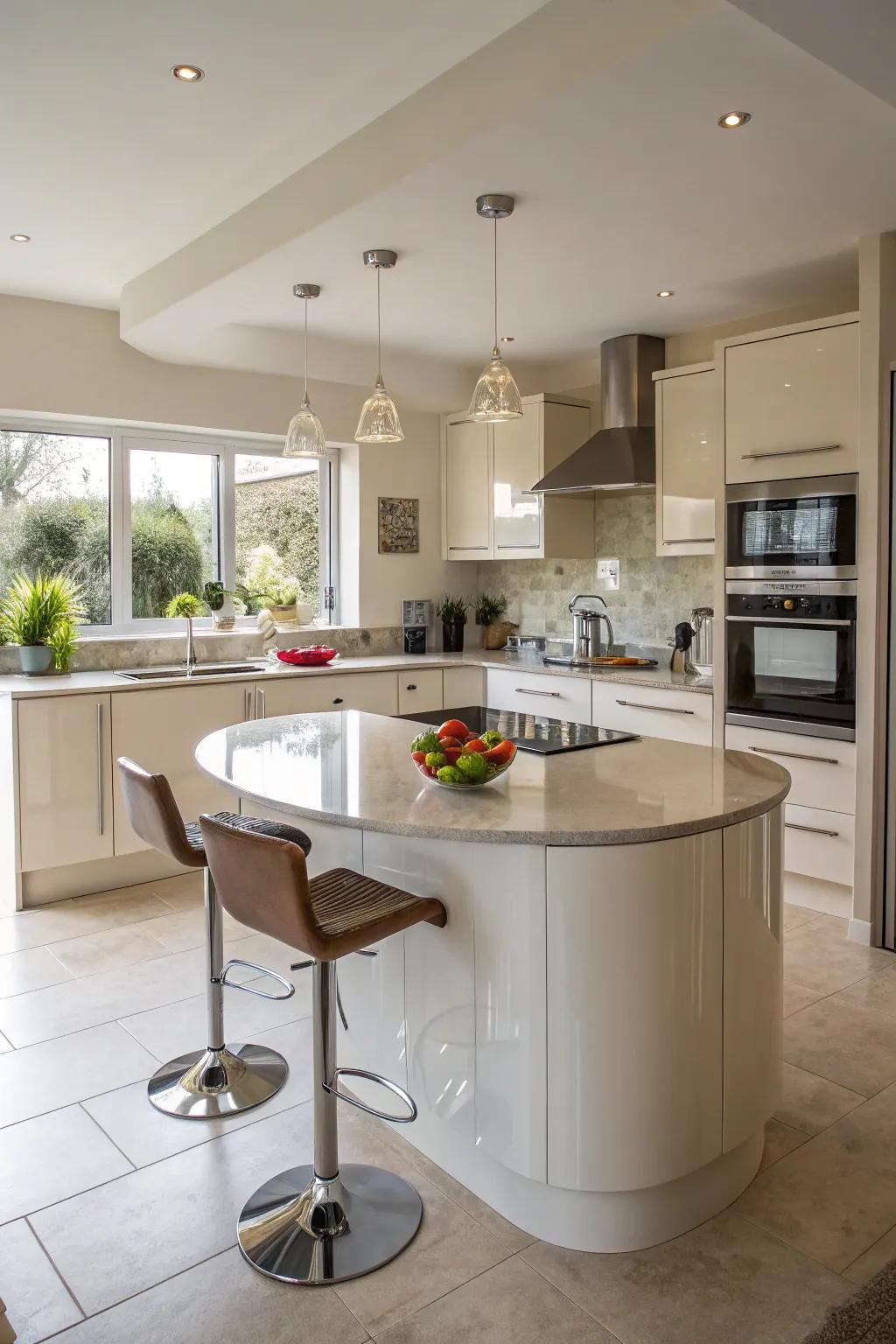 Curved islands enhance movement and openness in a small kitchen.