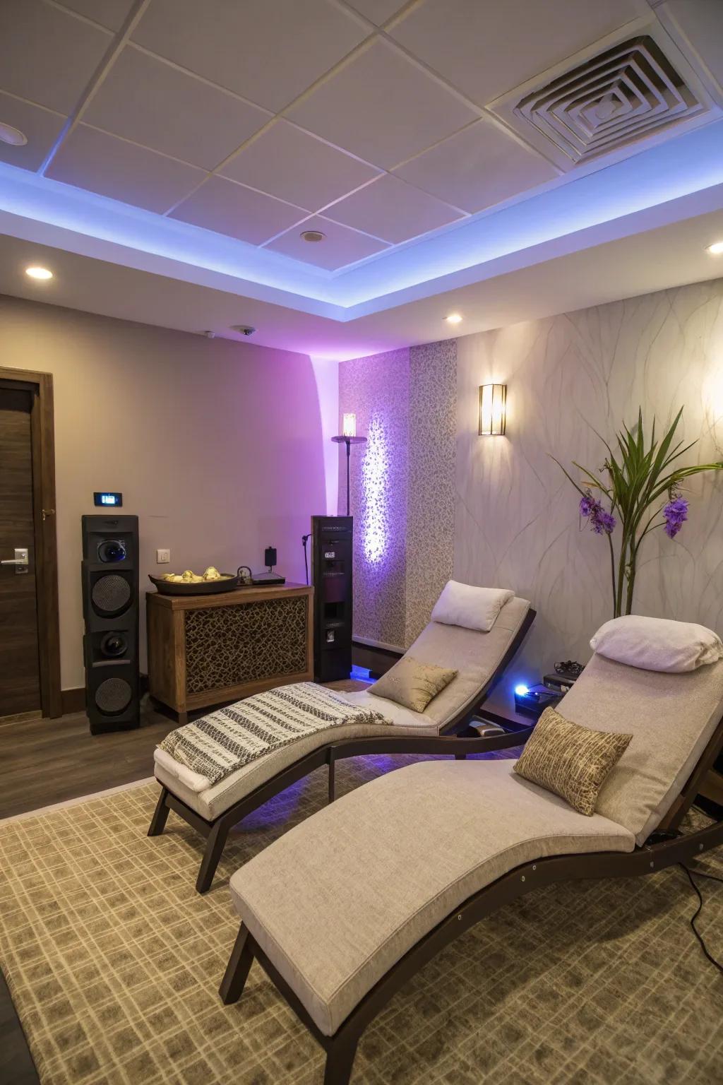 Personalizable touches like sound and lighting options in a spa room