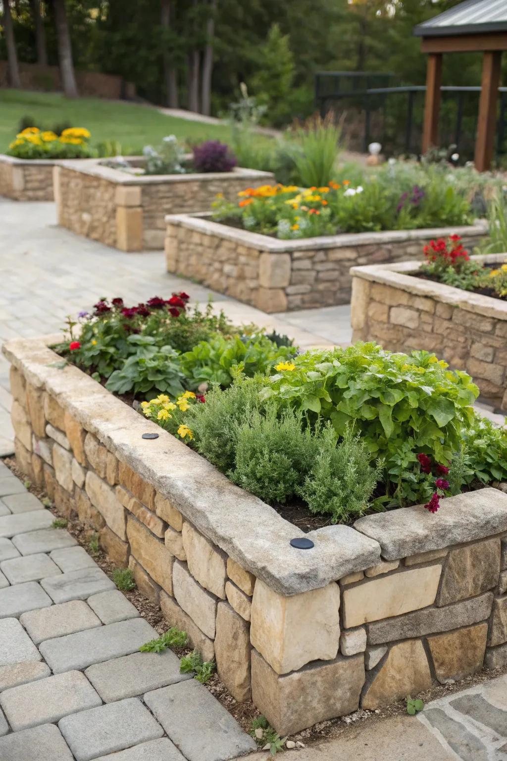 Rustic raised garden beds constructed with rocks.