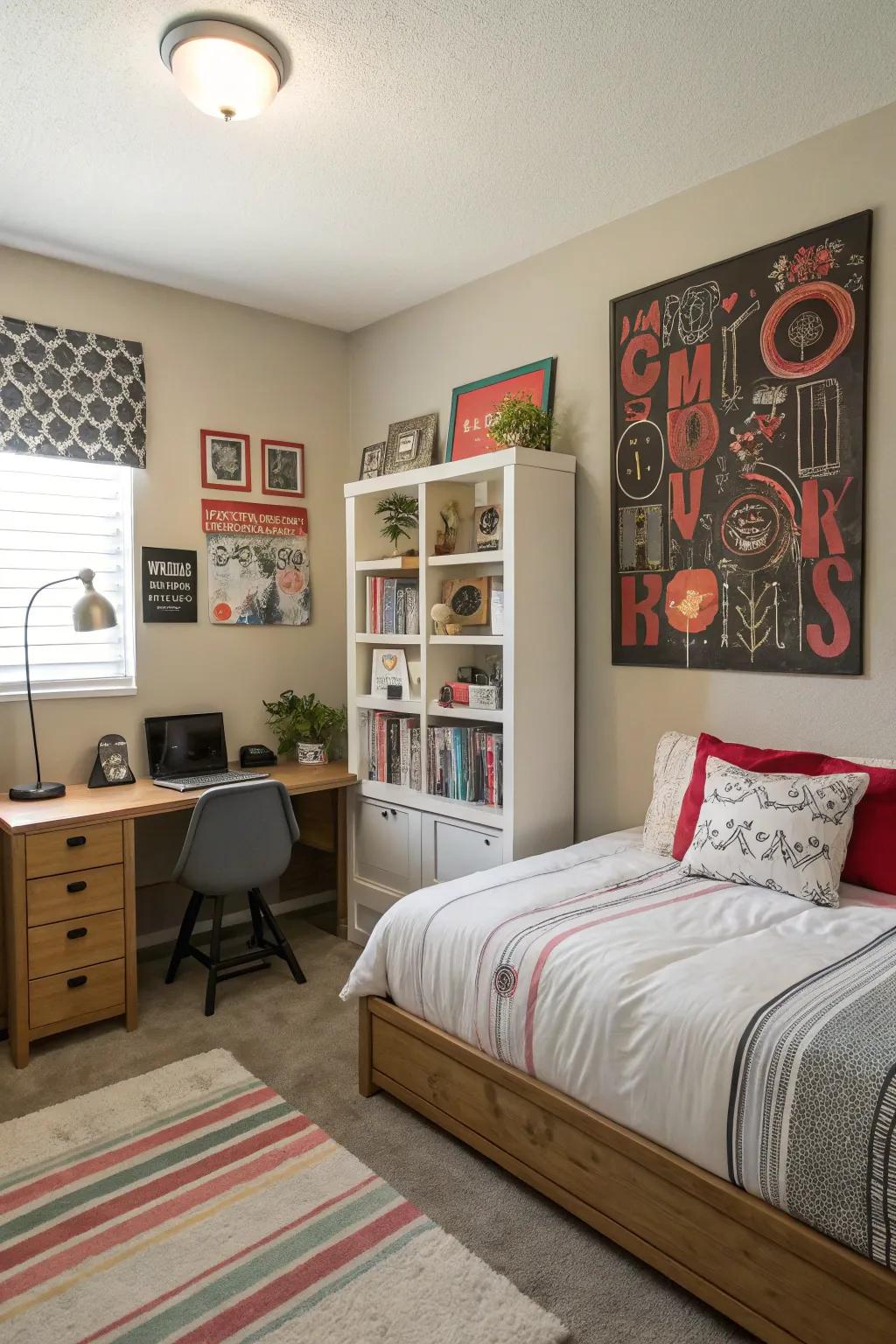 A striking wall art piece adds a surprising element of style and intrigue.