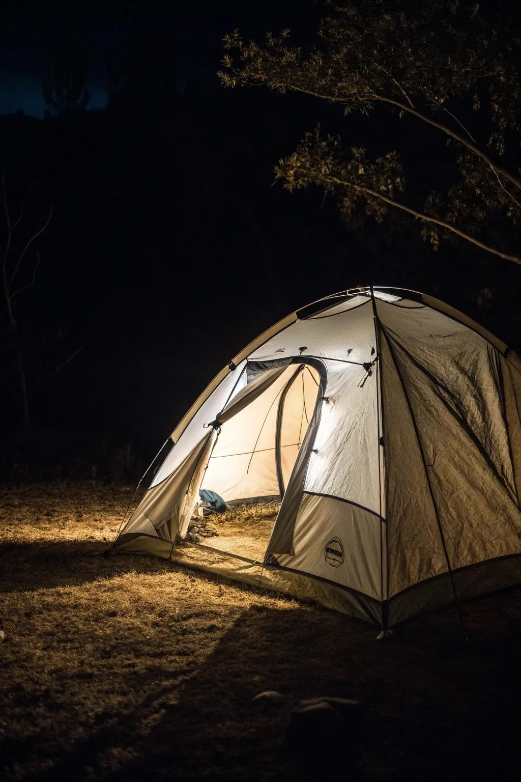 Dramatic tent ambiance featuring directional lighting.