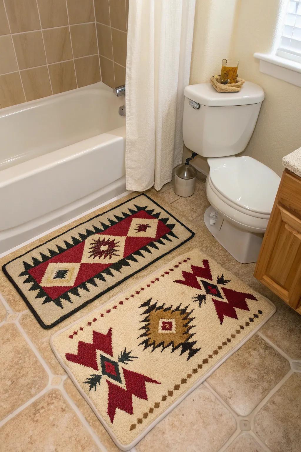 Printed bath carpets provide style and comfort.