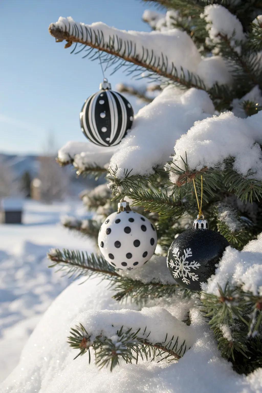 Bold ebony and ivory ornaments for a modern and striking snowy Christmas tree.
