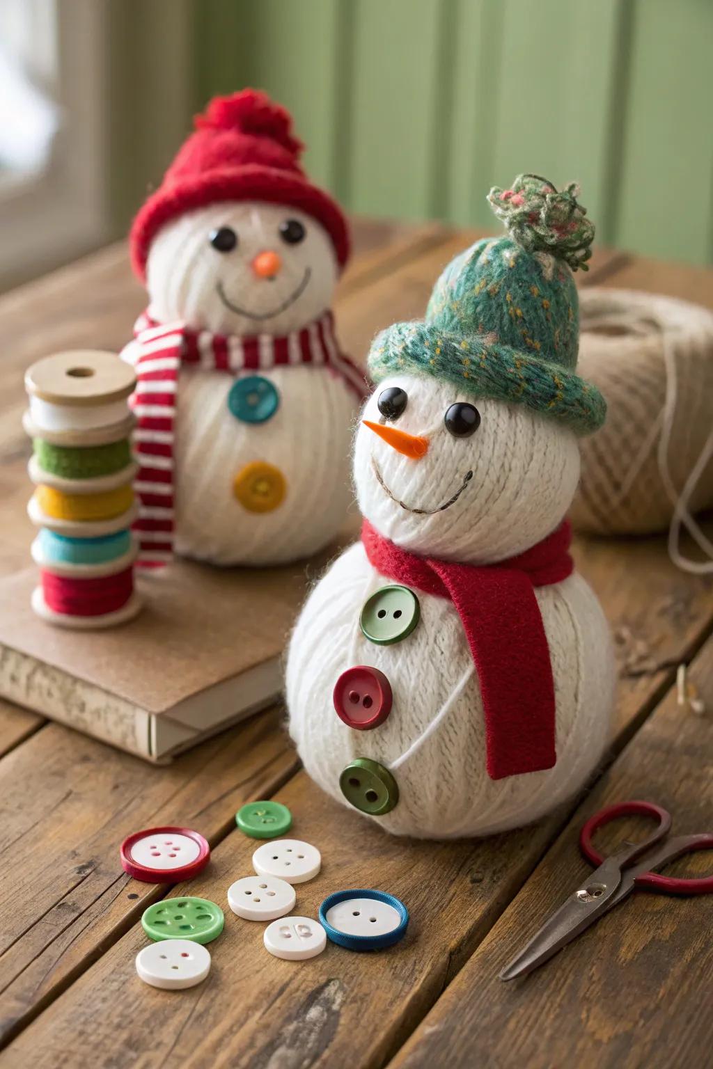 Yarn snowmen showcase creativity and craftsmanship.