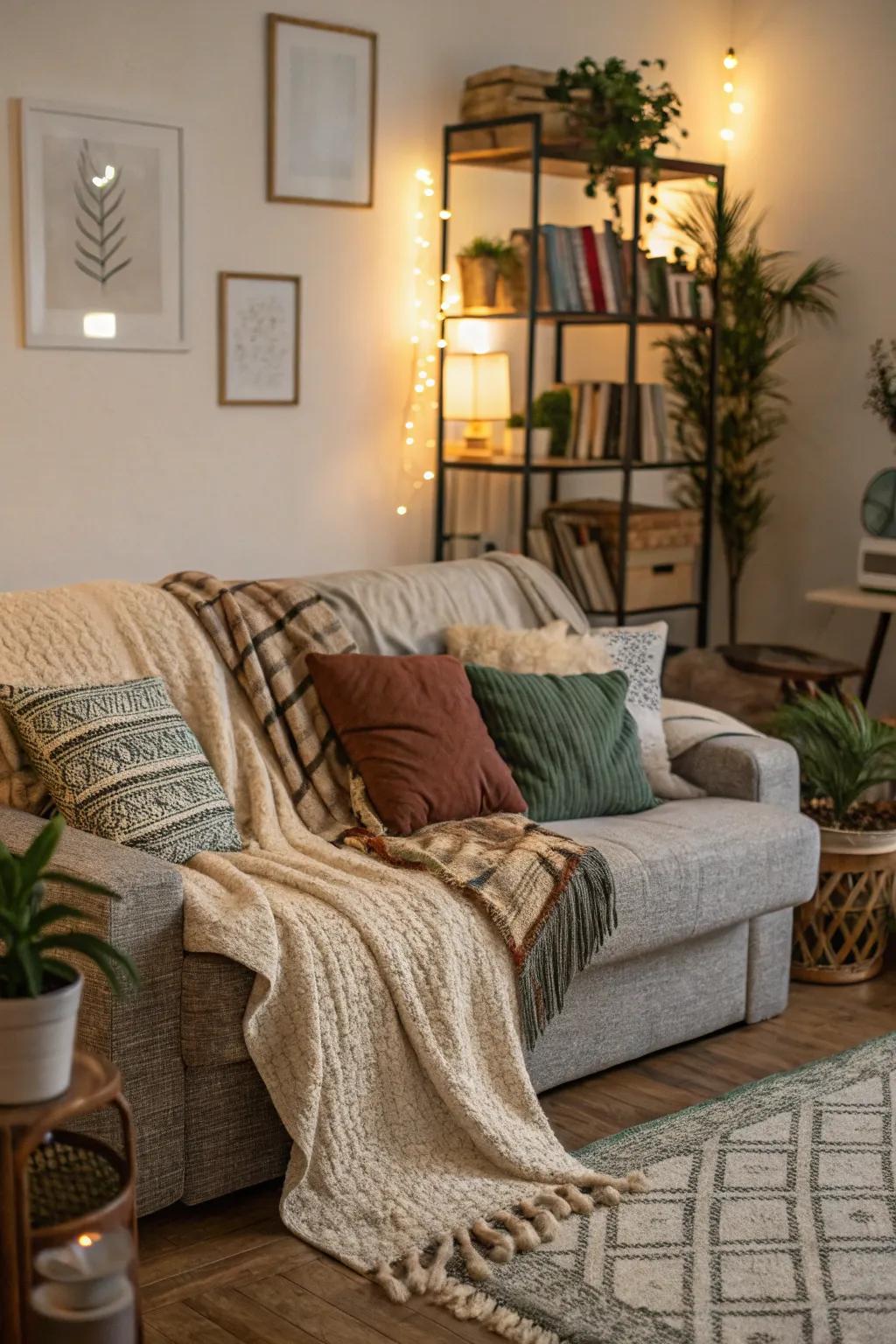 Layered textures add depth to a small living room's sofa.