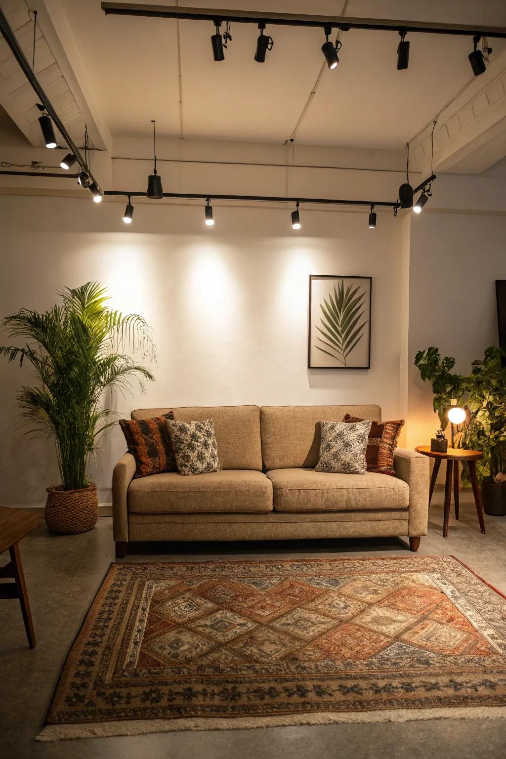 A statement sofa shines with minimal surrounding decor.