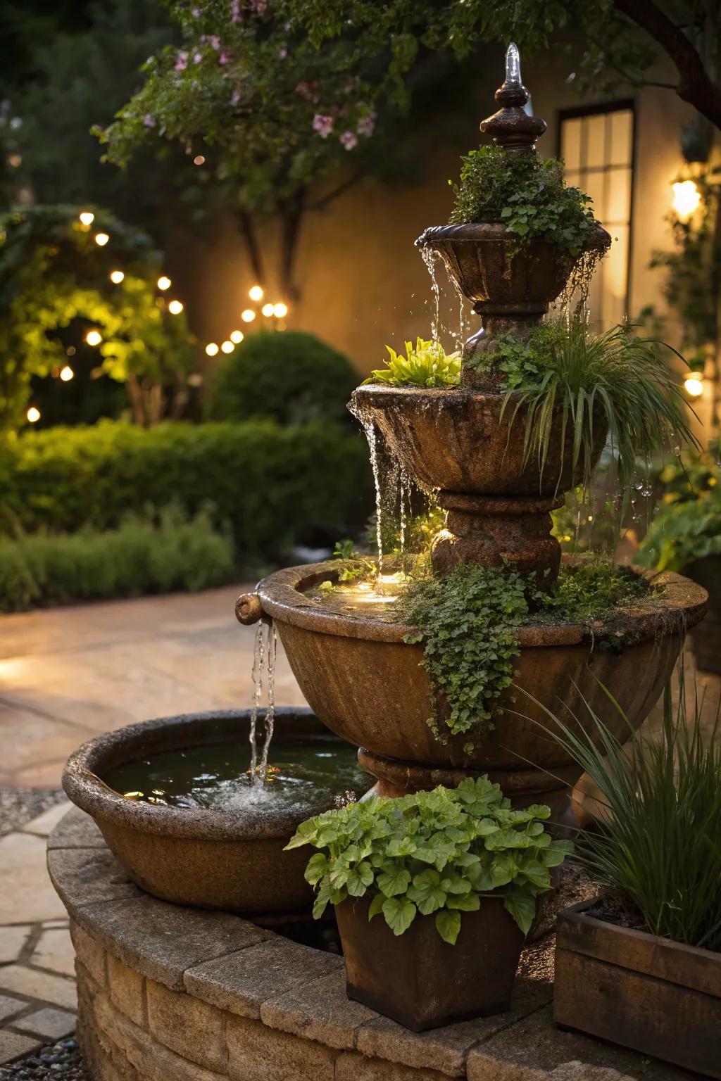 Tiered pots creating a dynamic solar-powered fountain effect.
