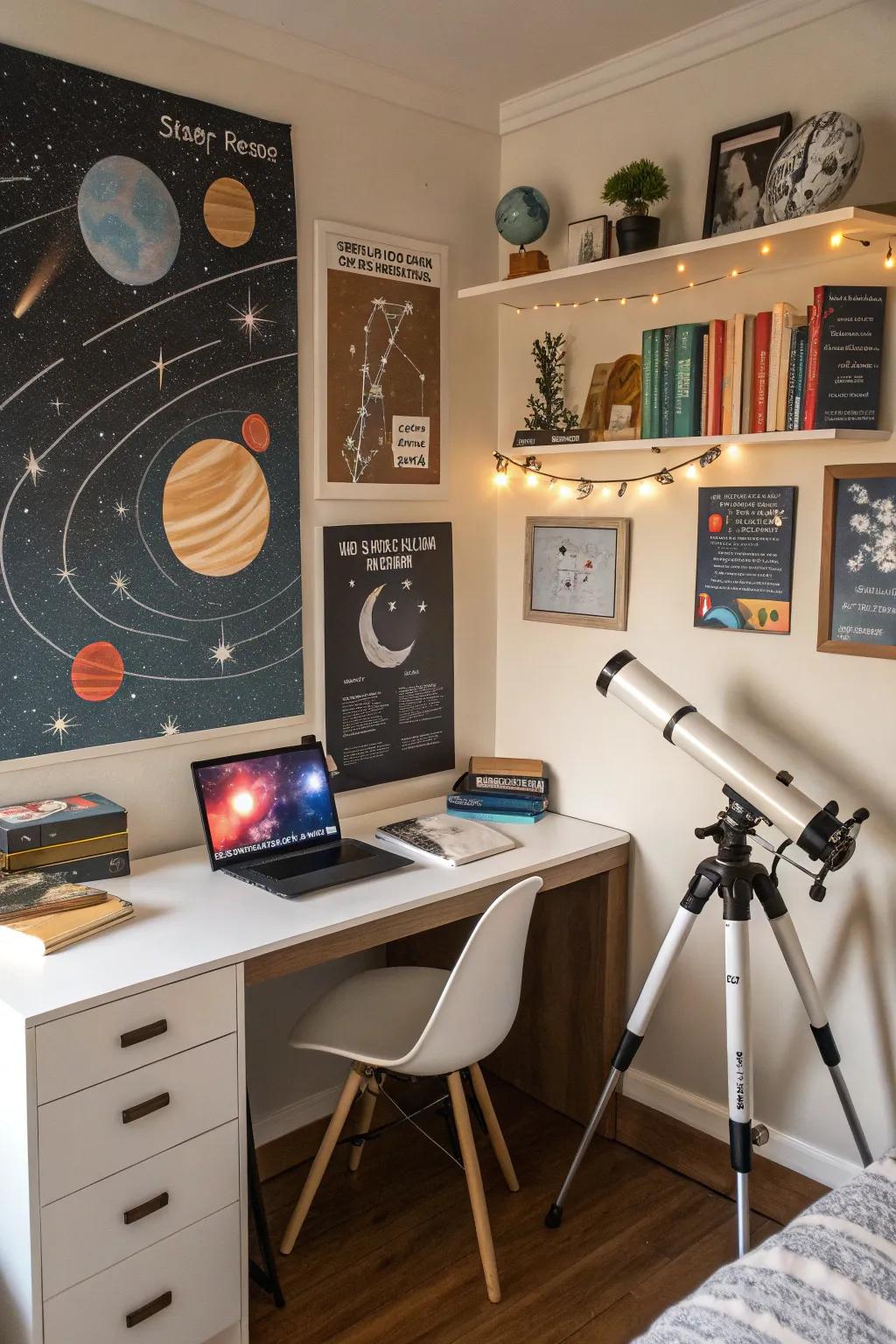 A space-themed study area encourages learning and creativity.