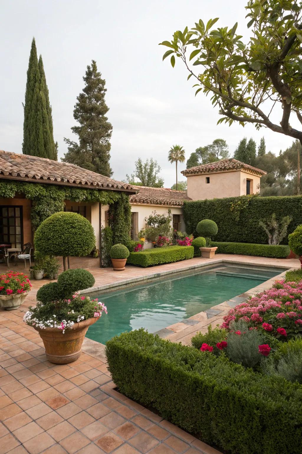 Topiary elements add elegance and structure to this Spanish-style garden.