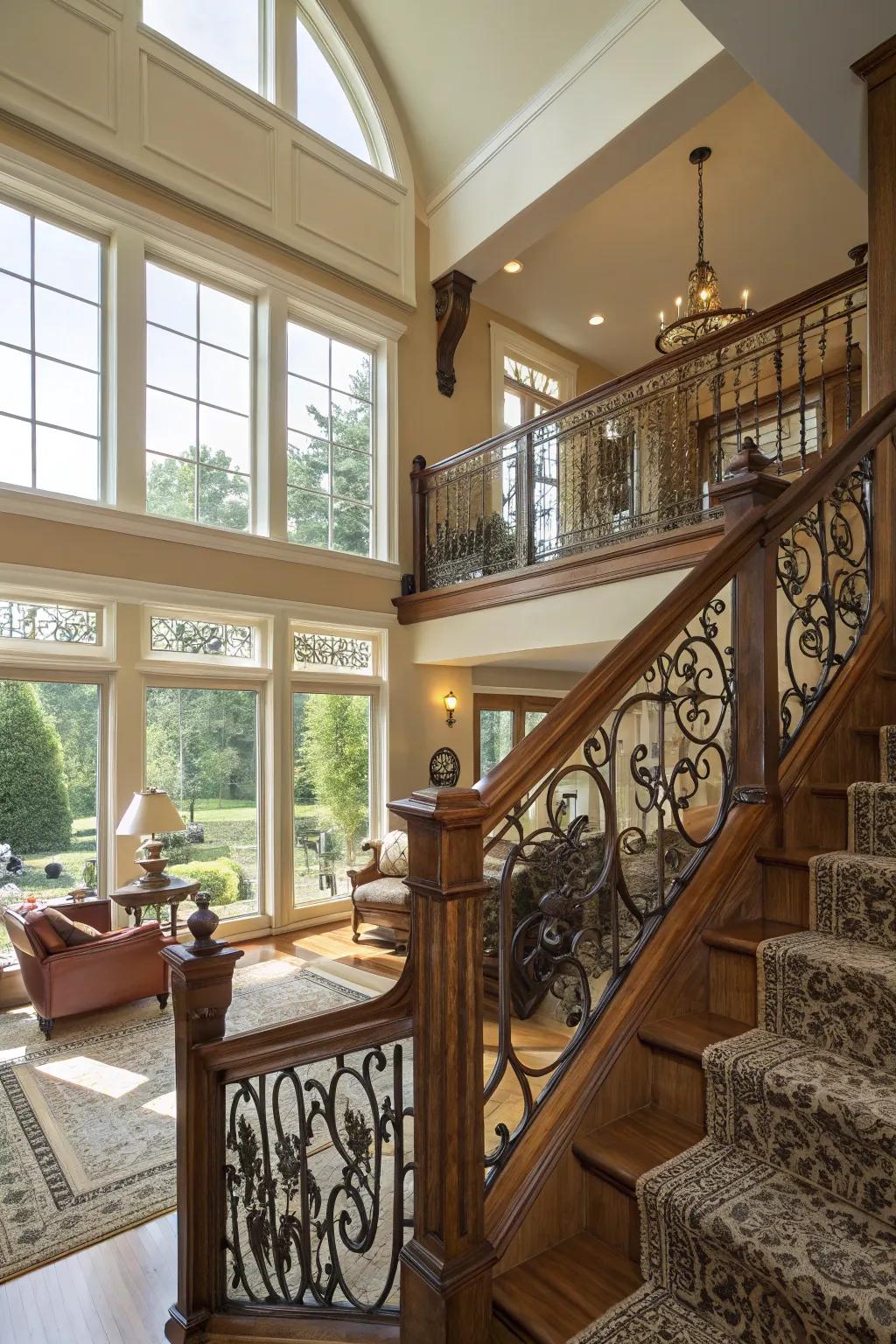 Ornate woodwork railings add traditional elegance to a split-level home.