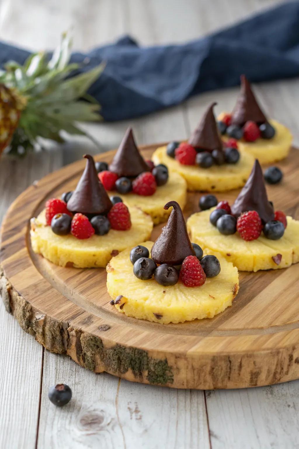 Witch hat pineapple slices conjuring up some Halloween charm.