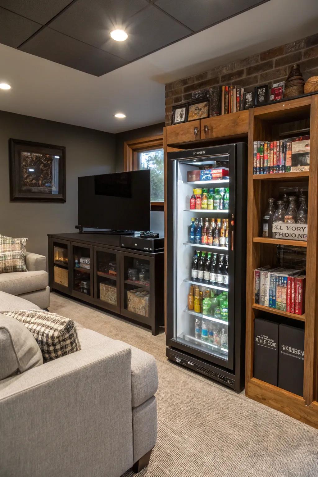 A mini fridge keeps refreshments within easy reach.