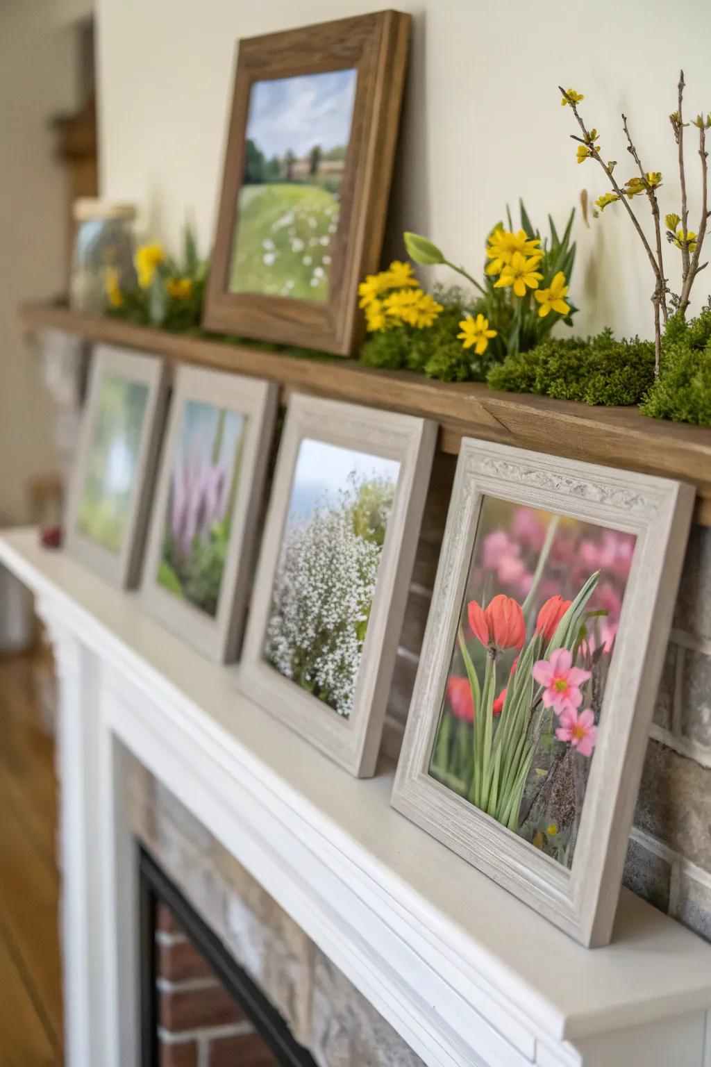 Layered frames bring dimension and personalization to the mantel.
