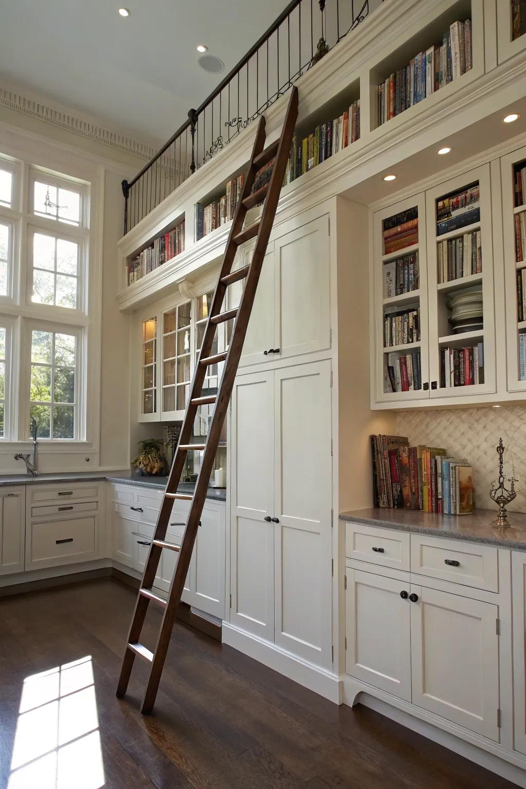 A rolling ladder adding both utility and charm to elevated kitchen areas.