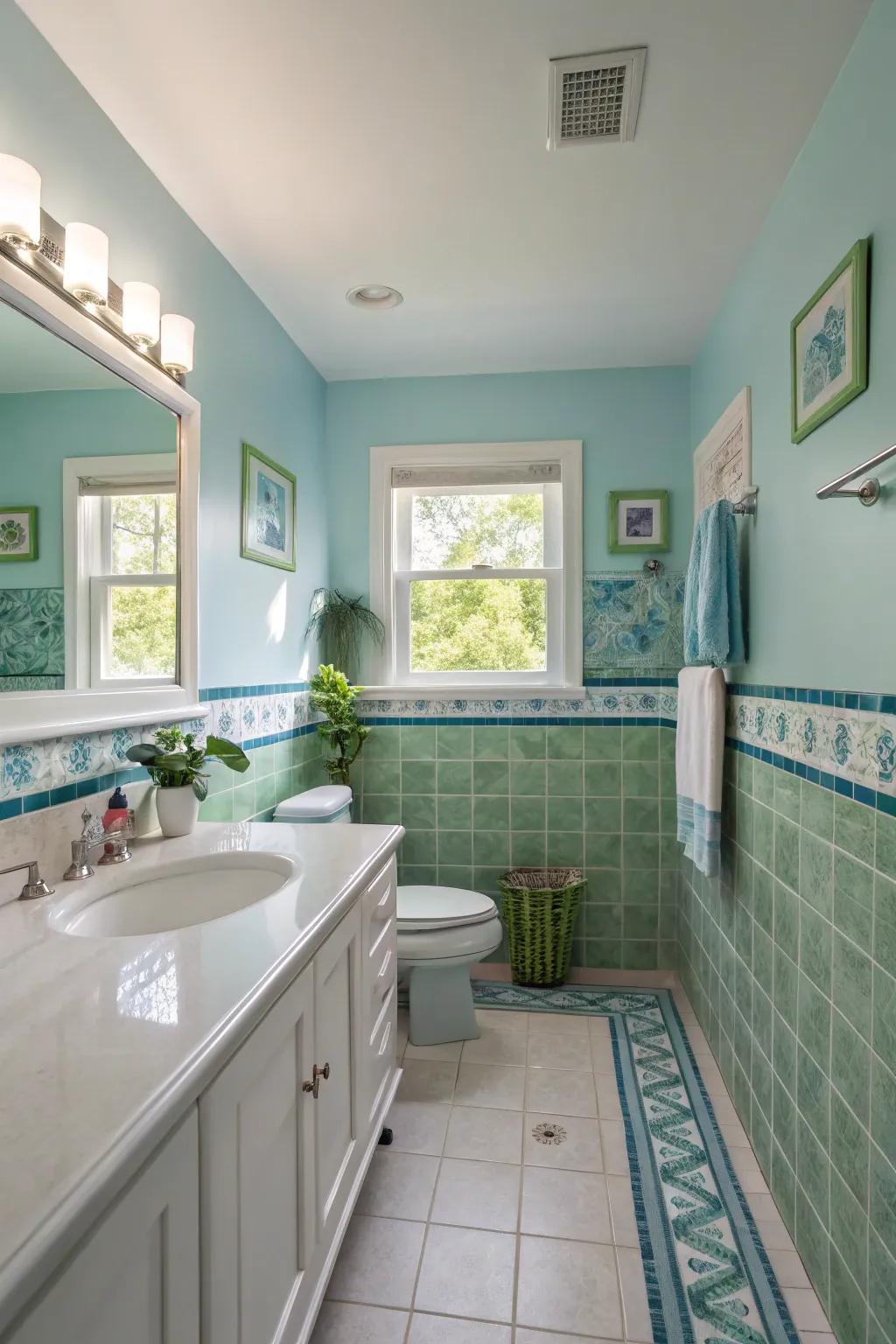 A calming color palette creates a peaceful atmosphere in the restroom.