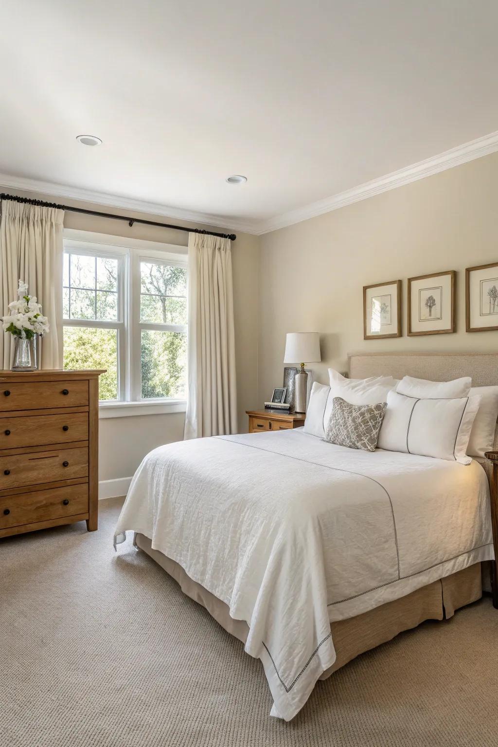 A gender-neutral design in the main bedroom appeals to a broad demographic.