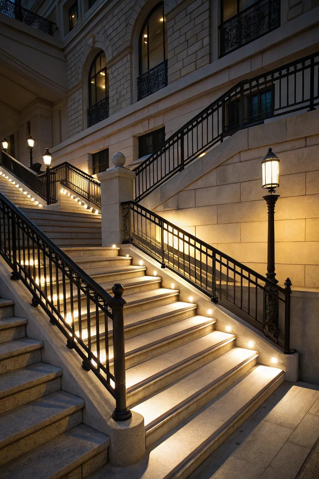 Track lighting emphasizes the staircase railings.