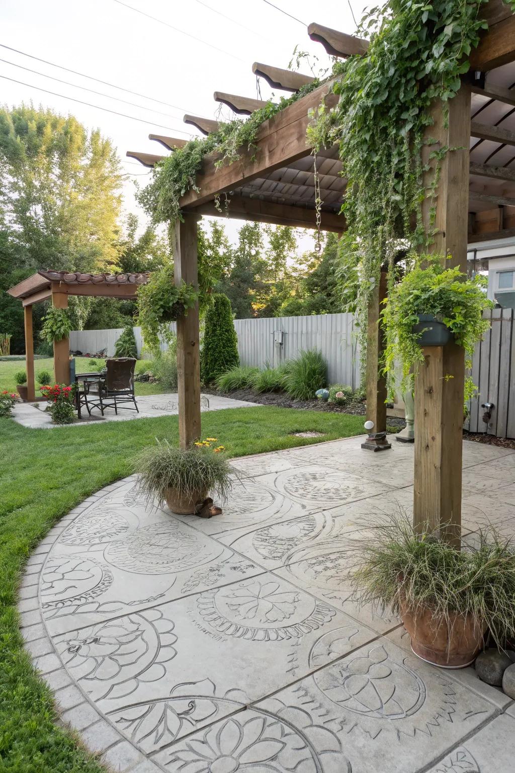 A DIY pergola offers cover and enhances the patio's appeal.