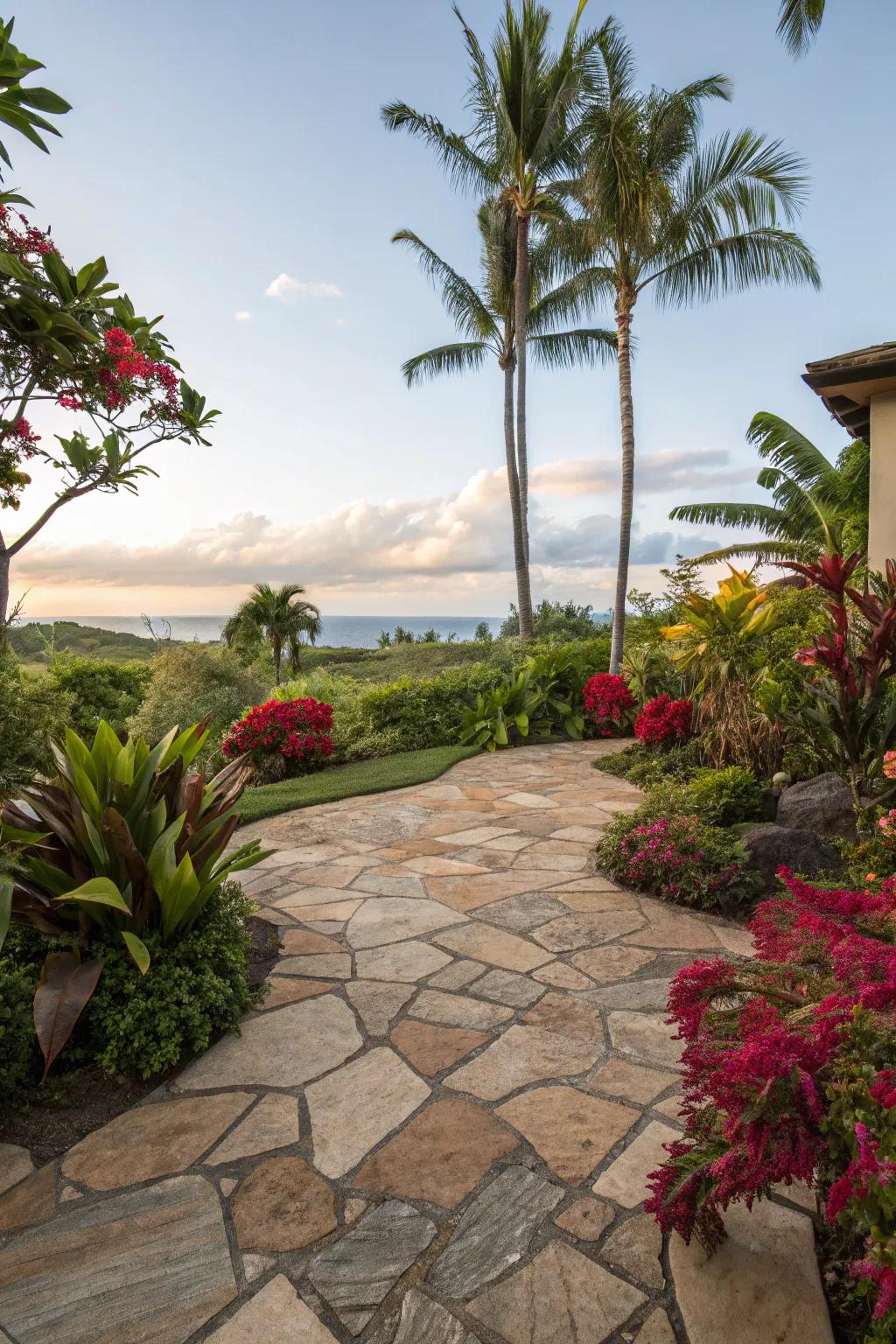 A stone patio with a tropical sanctuary atmosphere.