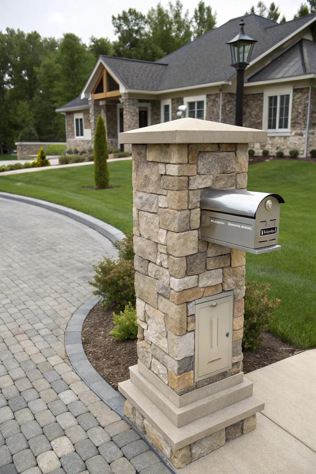 A contemporary stone mailbox pillar with alloy steel details.