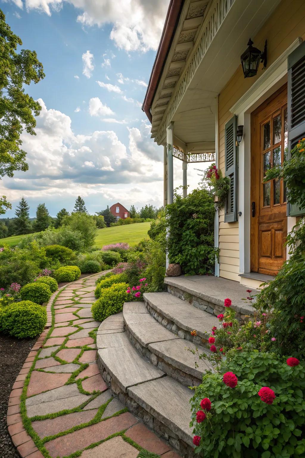 Curving stone ramps create a whimsical entrance.
