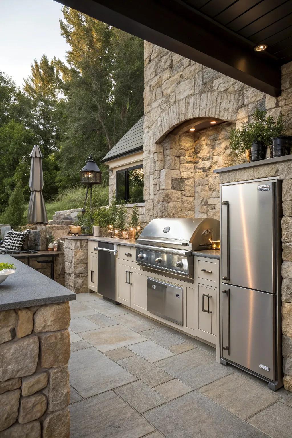 A rock wall adds charm to the outdoor cooking area.