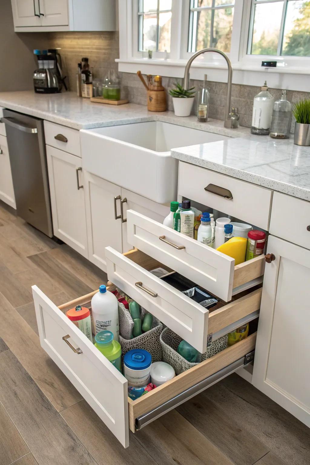 Organize under-sink chaos with handy slide-out drawers.