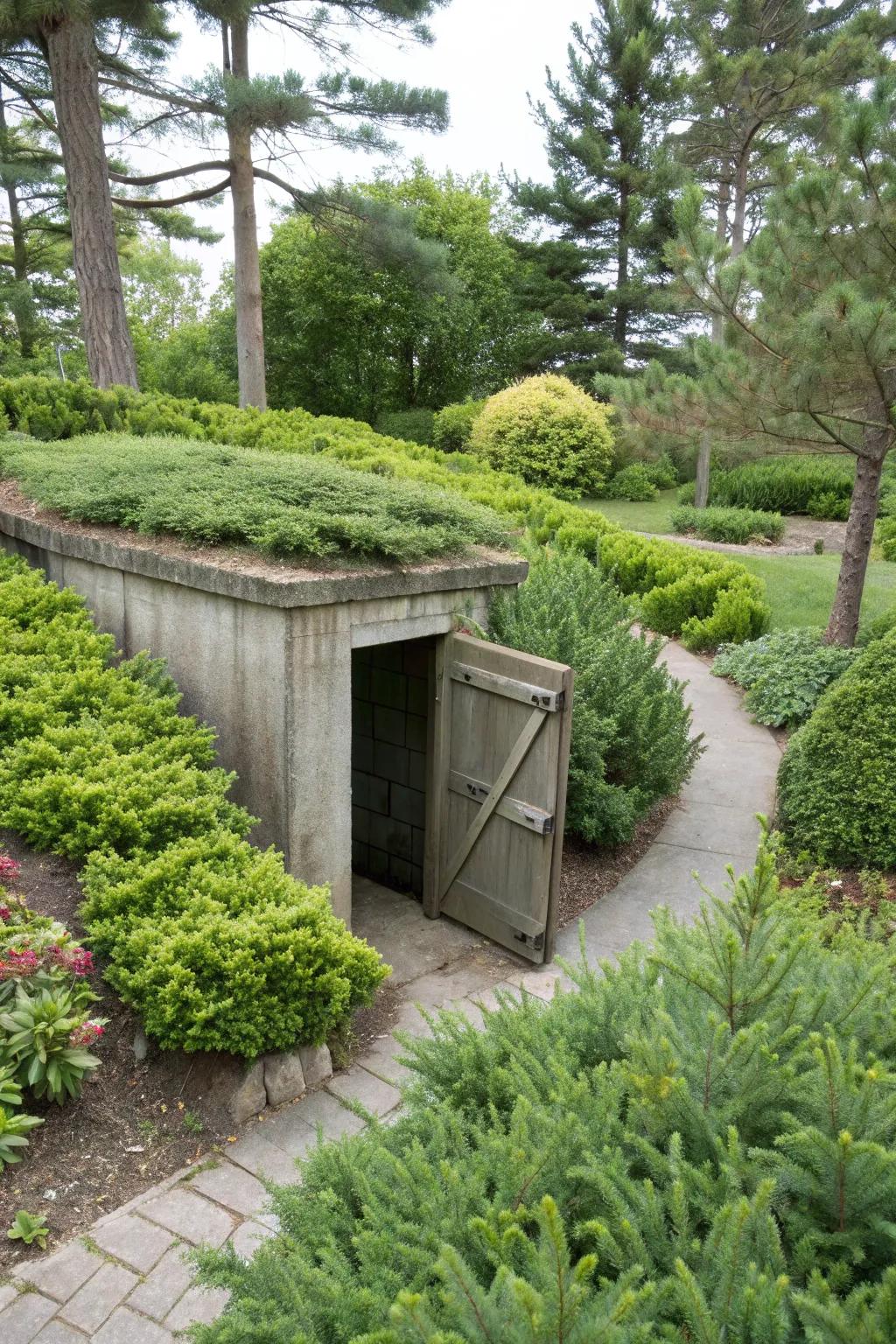 Evergreen shrubberies provide constant beauty and require little maintenance around the storm shelter.