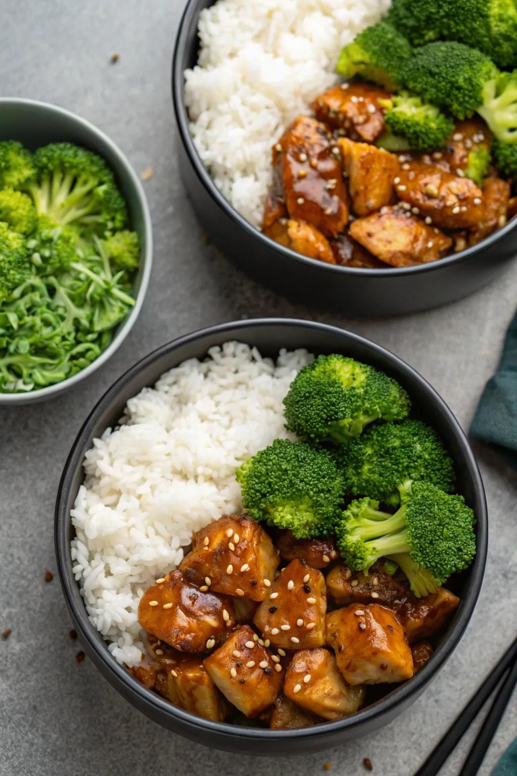 Teriyaki chicken bowls, sweet and savory.
