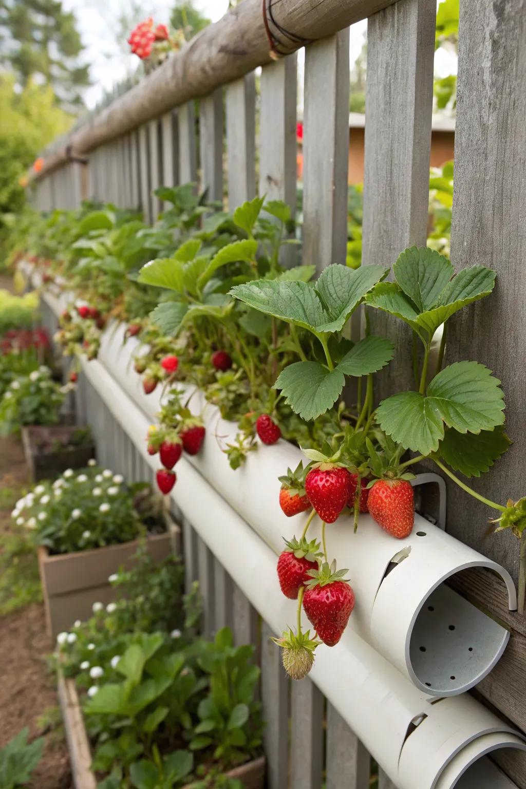 A vertical gutter garden brimming with strawberries.
