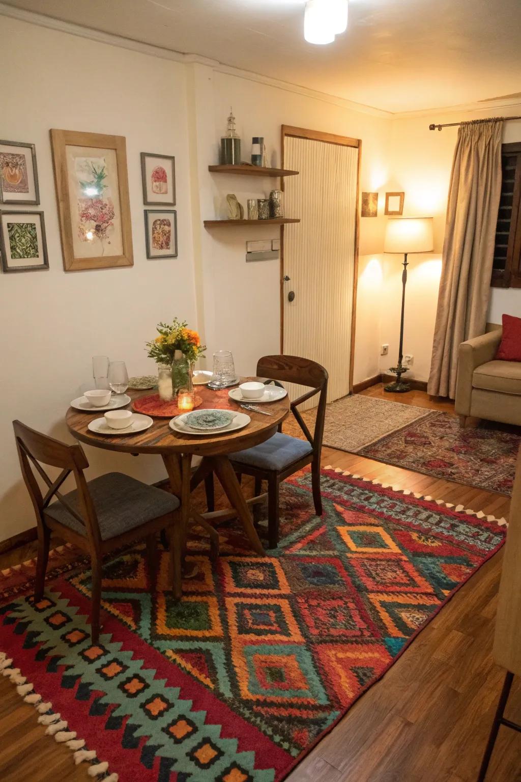 Rugs can give eating spaces definition and warmth.