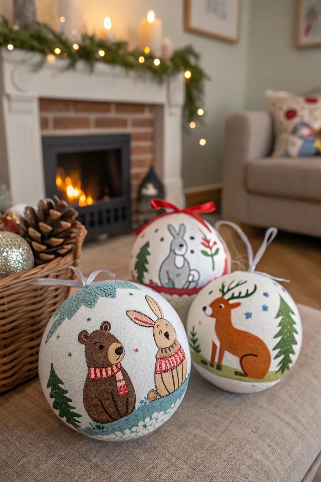 Animal-themed ornaments add an adorable touch.