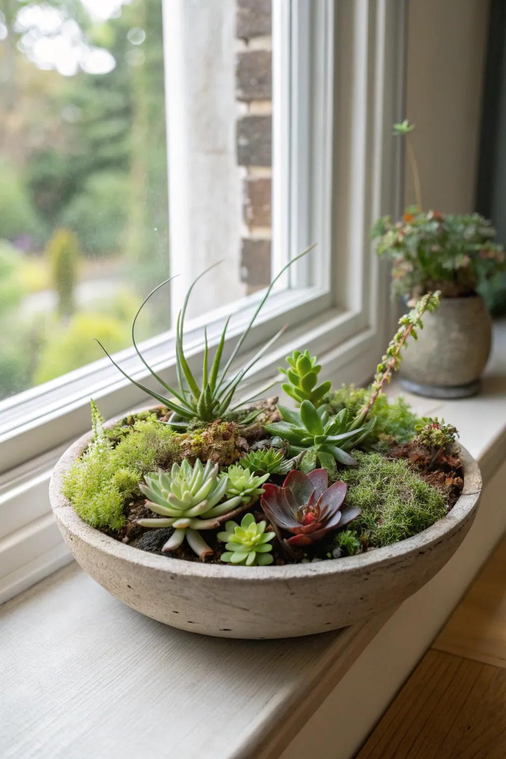 A whimsical succulent landscape incorporating air plants.